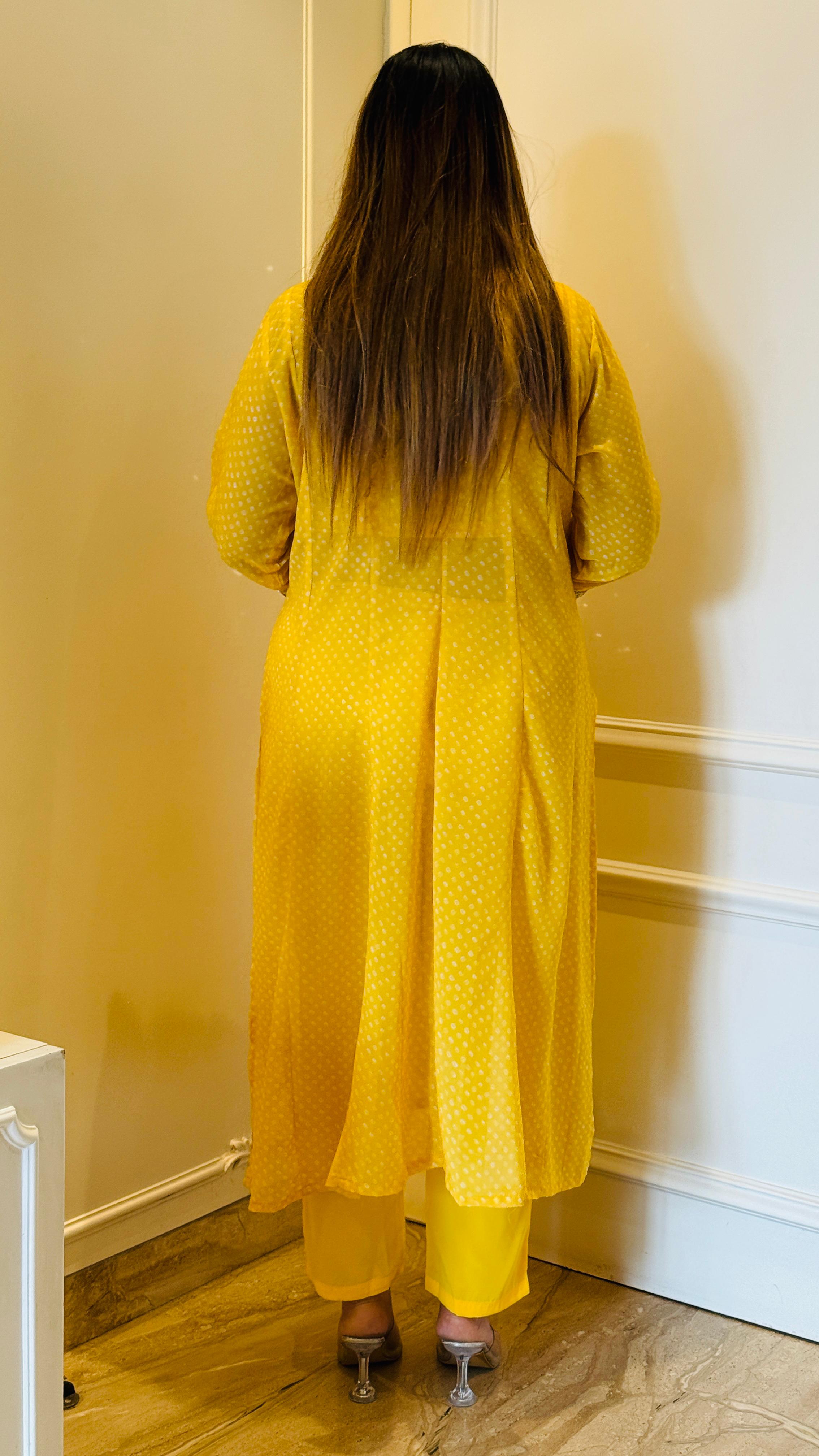 Bandhani Slit Kurta Set- Yellow, Blue, Pink